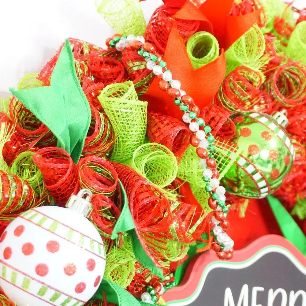 Classic Red, White and Green Merry Christmas Deco Mesh Wreath